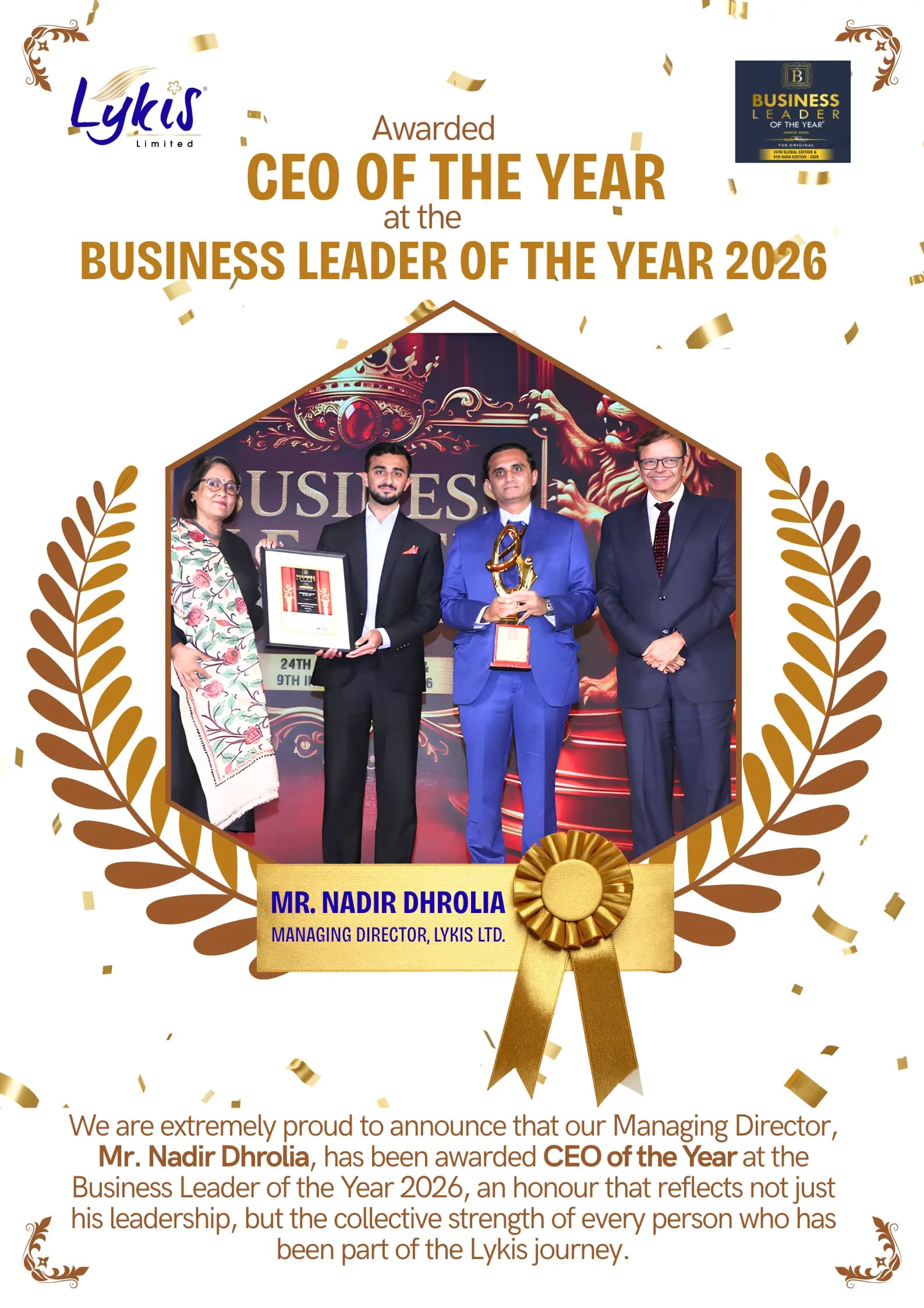 Awarded CEO OF THE YEAR at the BUSINESS LEADER OF THE YEAR 2026